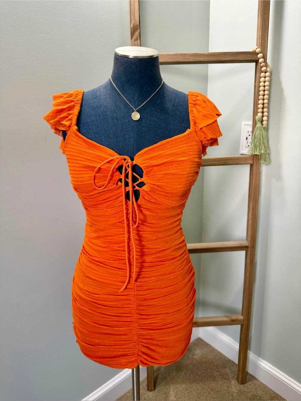 Zara Orange Pleated Ruffled Tie Front Mini Dress Size Large NWT
